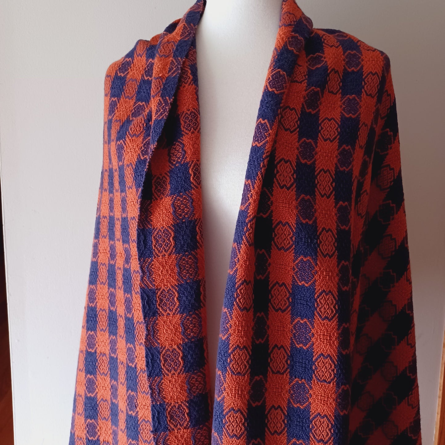 Navy and Orange Shawl, Oversized Patterned Scarf