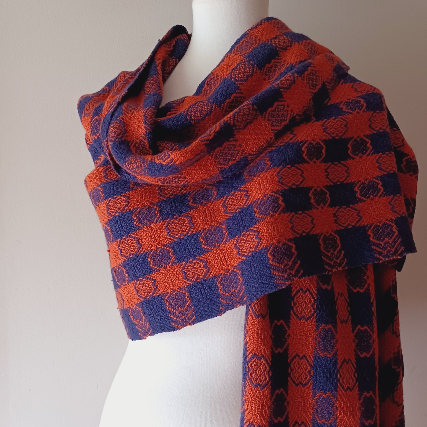 Navy and Orange Shawl, Oversized Patterned Scarf