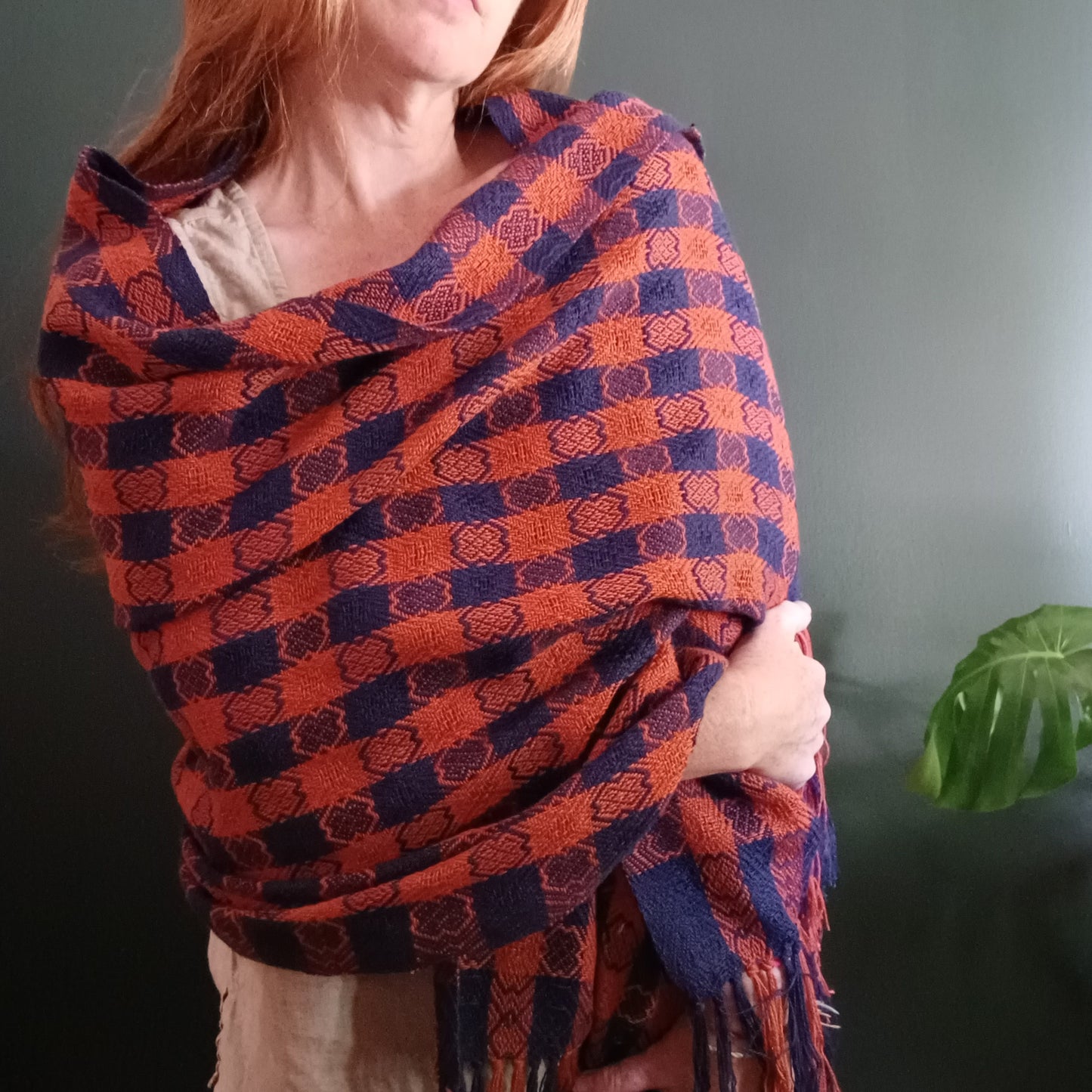 Navy and Orange Shawl, Oversized Patterned Scarf