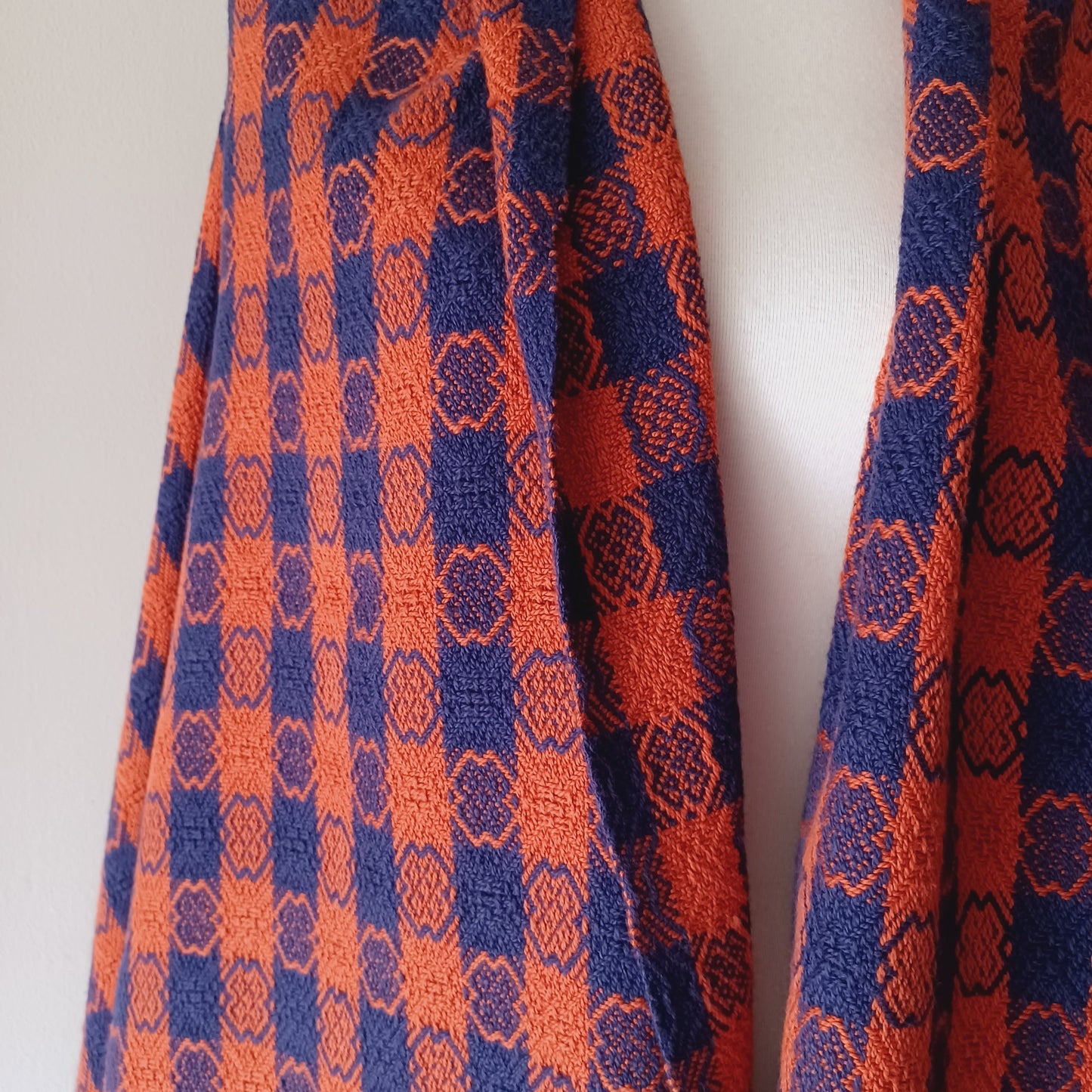 Navy and Orange Shawl, Oversized Patterned Scarf