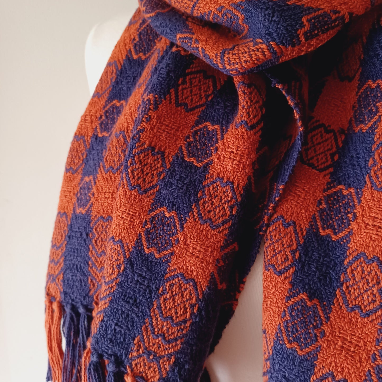Navy and Orange Shawl, Oversized Patterned Scarf