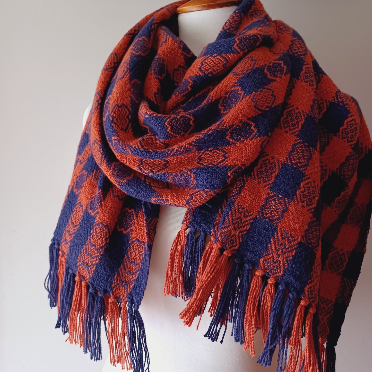 Navy and Orange Shawl, Oversized Patterned Scarf