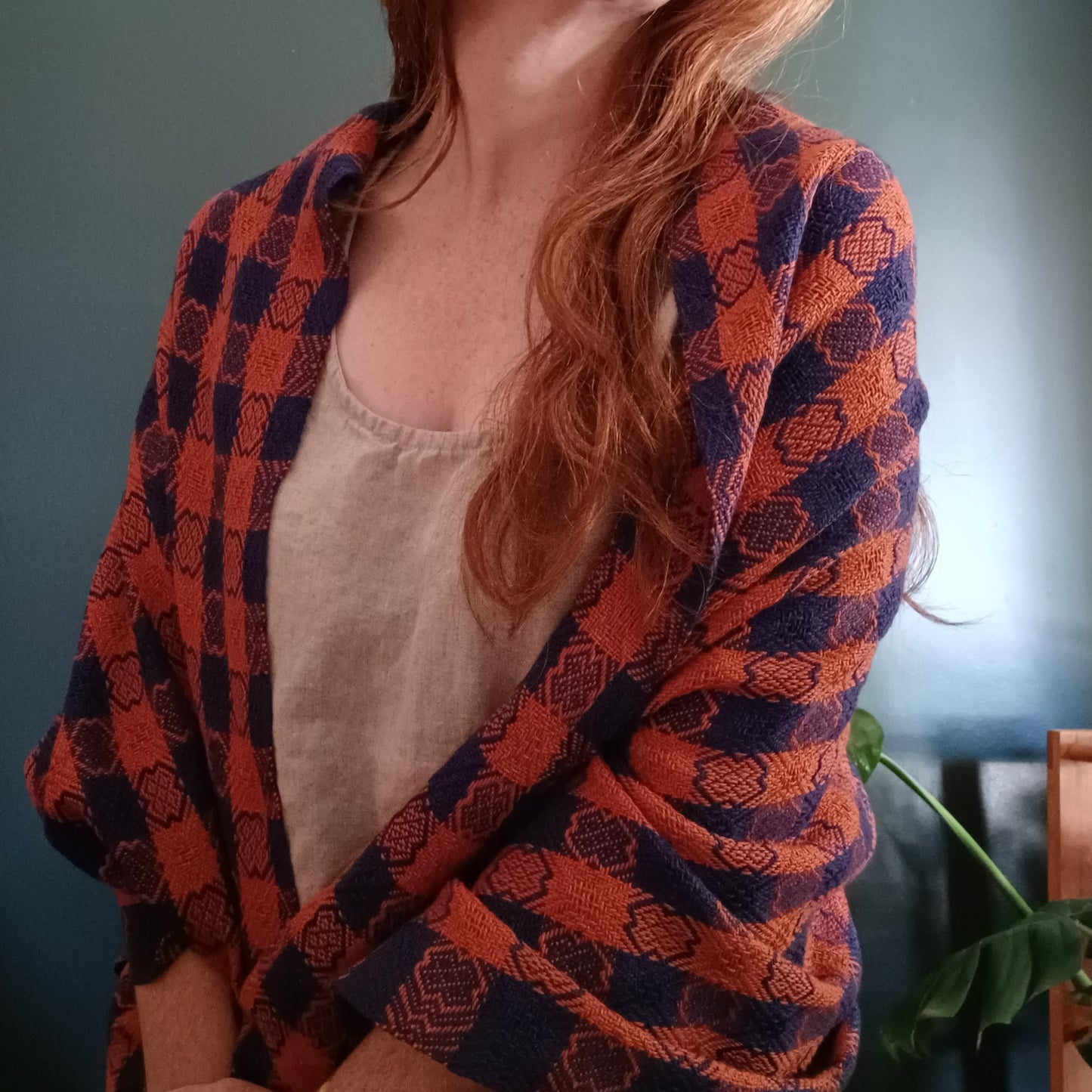 Navy and Orange Shawl, Oversized Patterned Scarf